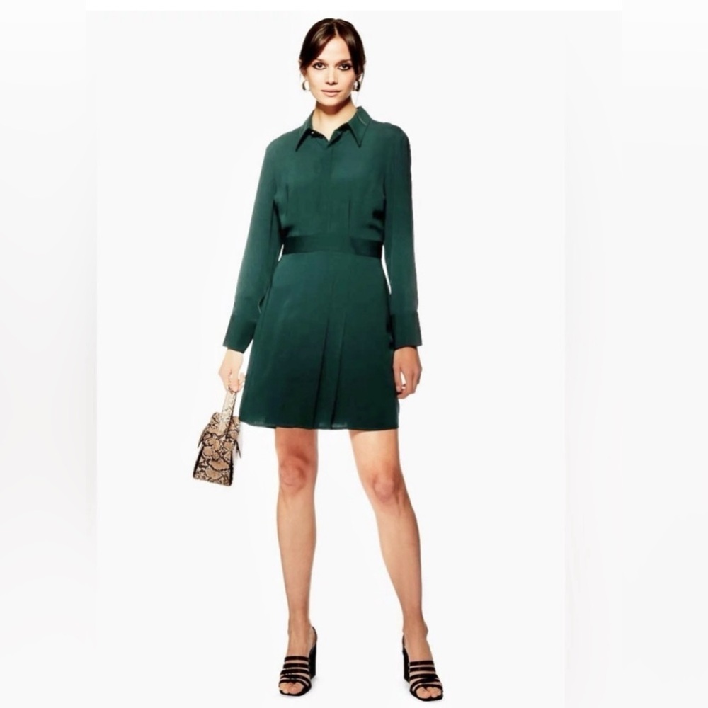 Topshop Dark Green Pleated Long Sleeve Button Up Structured Shirtdress US10
